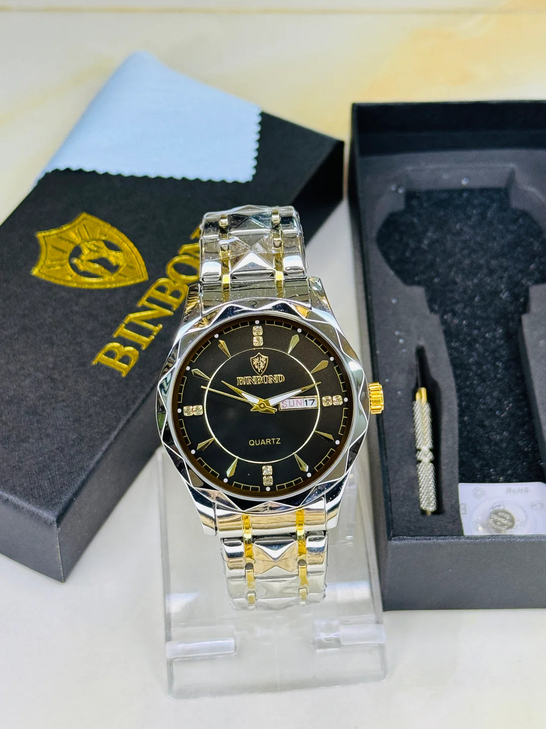 Binbond Silver-Black Prism Watch – Two Tone Stainless Steel