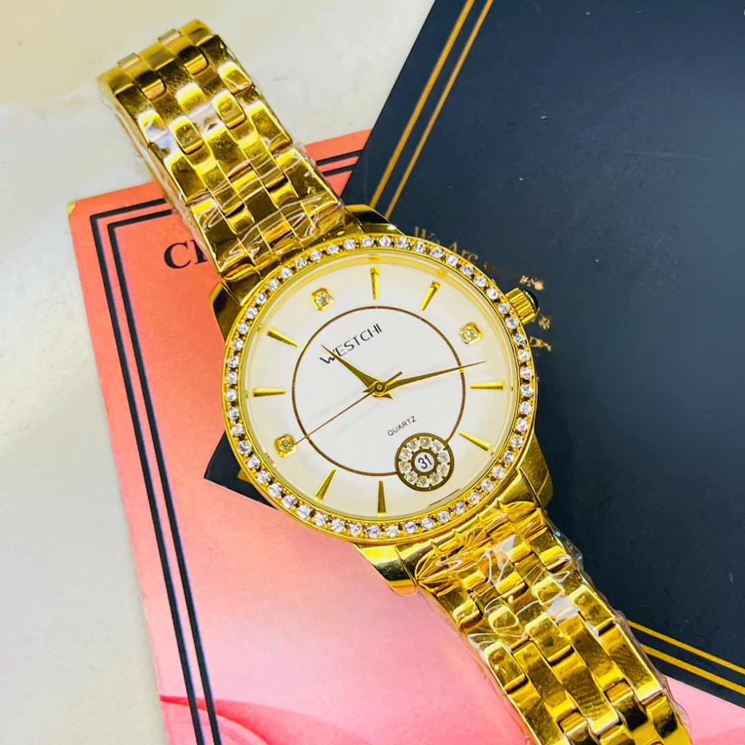 Gold White Iced Date Dial Westchi Ladies Watch