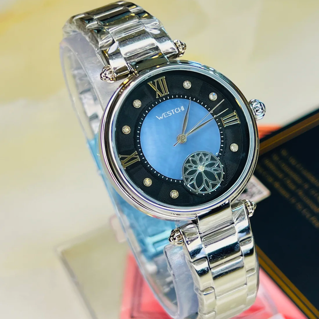 Westchi Silver Blue Black Dial Watch for Women