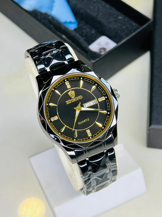 Binbond Black Prism Dial Watch – Gold Accents, Stainless Steel