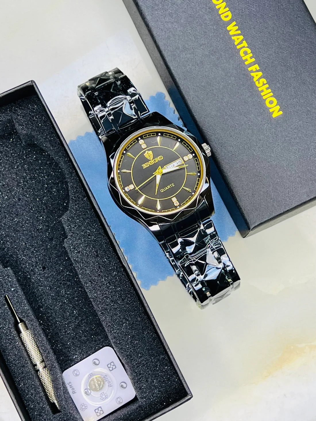 Binbond Black Prism Dial Watch – Gold Accents, Stainless Steel
