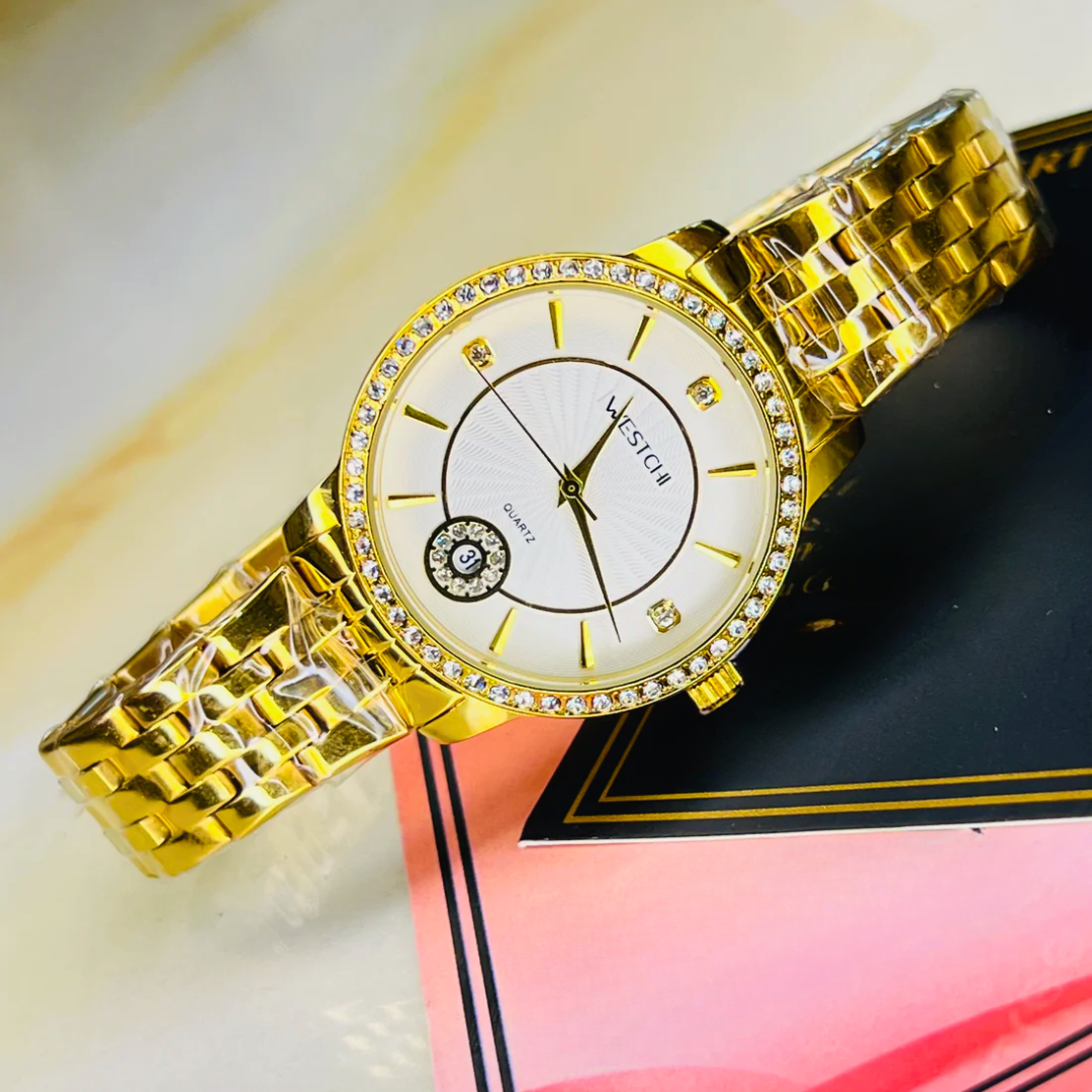 Gold White Iced Date Dial Westchi Ladies  Watch