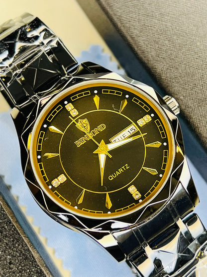 Binbond Black Prism Dial Watch – Gold Accents, Stainless Steel