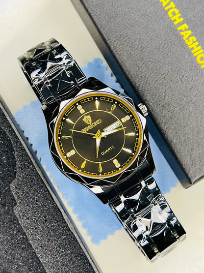 Binbond Black Prism Dial Watch – Gold Accents, Stainless Steel