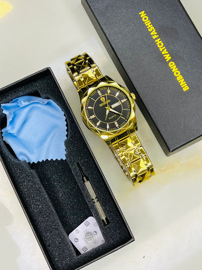 Binbond Gold Prism Dial Watch – Black & Gold Stainless Steel Strap
