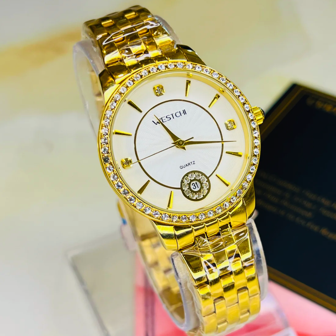 Gold White Iced Date Dial Westchi Ladies  Watch