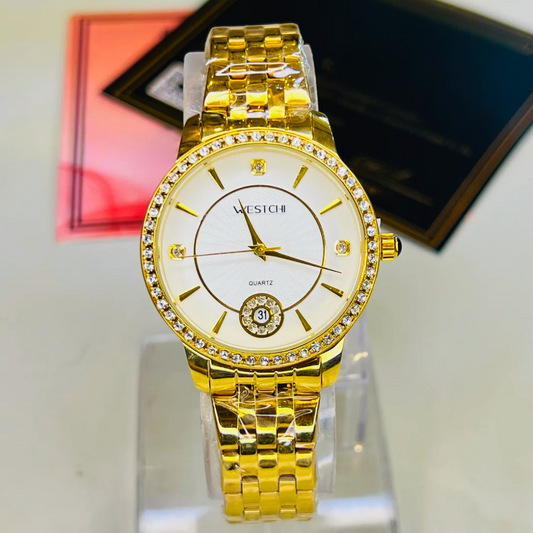Gold White Iced Date Dial Westchi Ladies  Watch