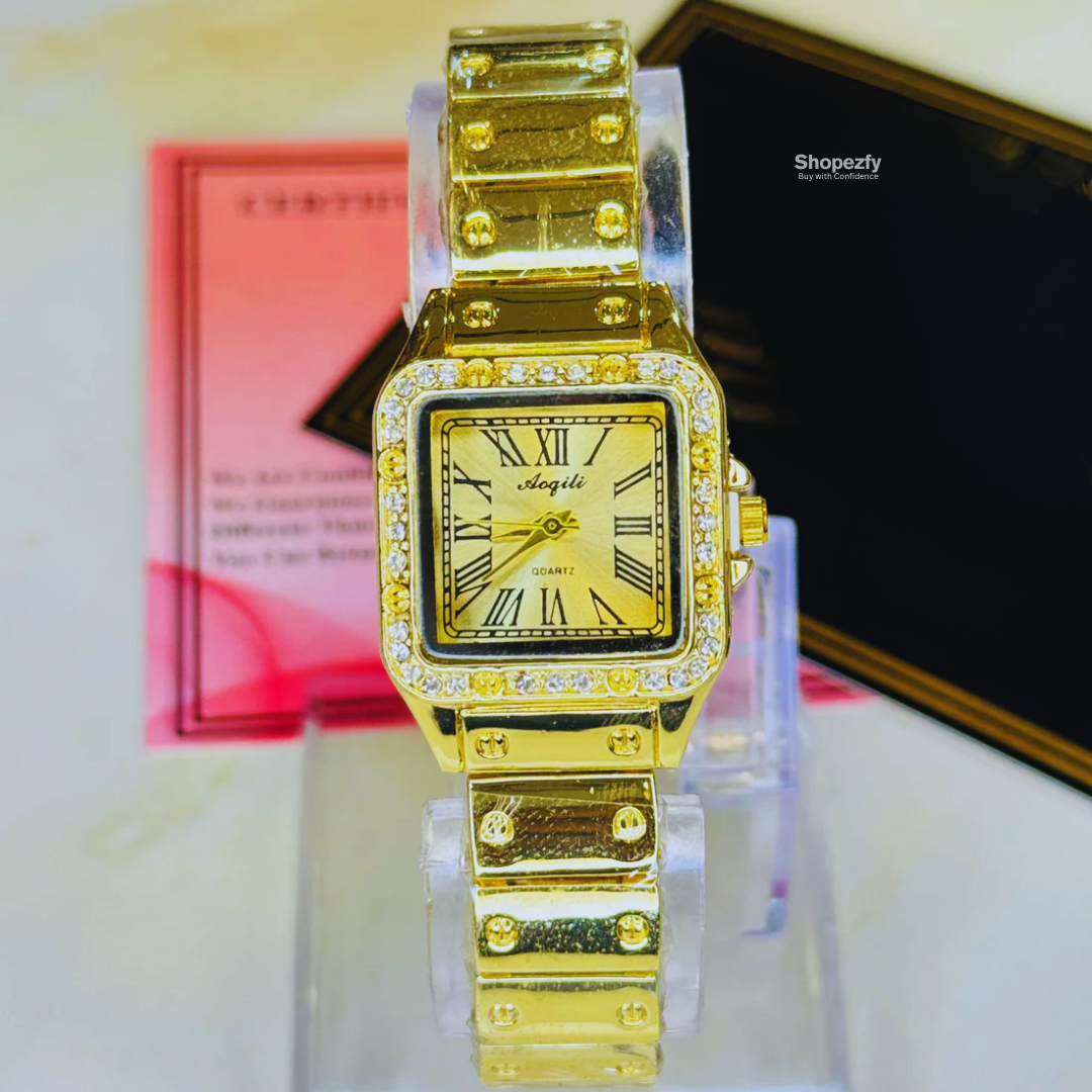 Meibin Gold Santos Ladies Watch – Iced Zircon Bezel