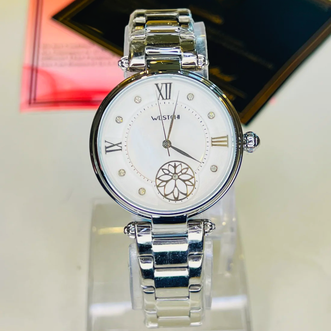 Silver Westchi White Floral Dial Ladies Watch