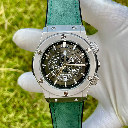 Modern Green Leather Watch with Calendar