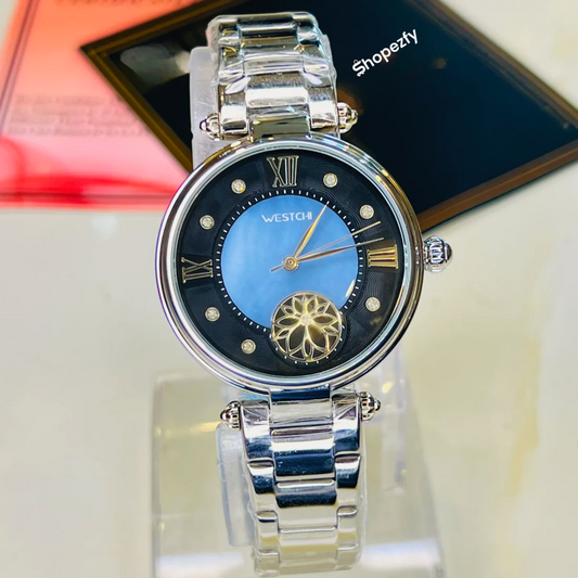 Westchi Silver Blue Black Dial Watch for Women